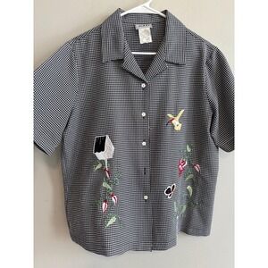 Vintage Fairy Black gingham button-up cottagecore embroidered grannycore Large